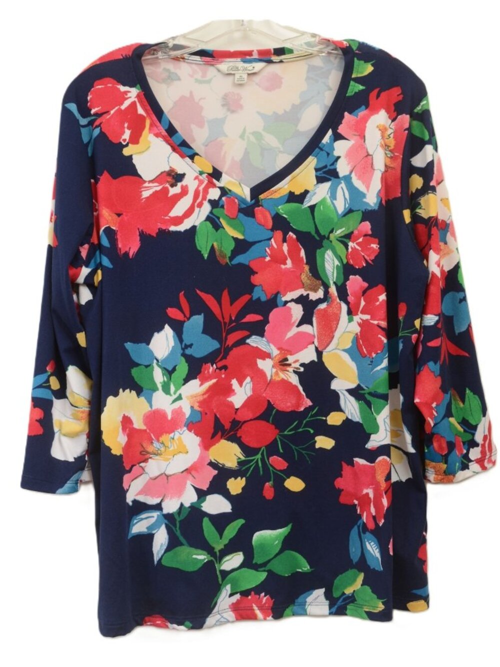Pioneer Womens XL Blouse Blue Floral Cottagecore Boho 3/4 Sleeves V-Neck T-Shirt